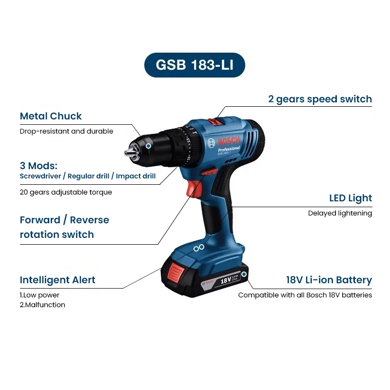 Power Drill Cordless - Bosch GSB183-LI Electric Drill Screwdriver Cordless